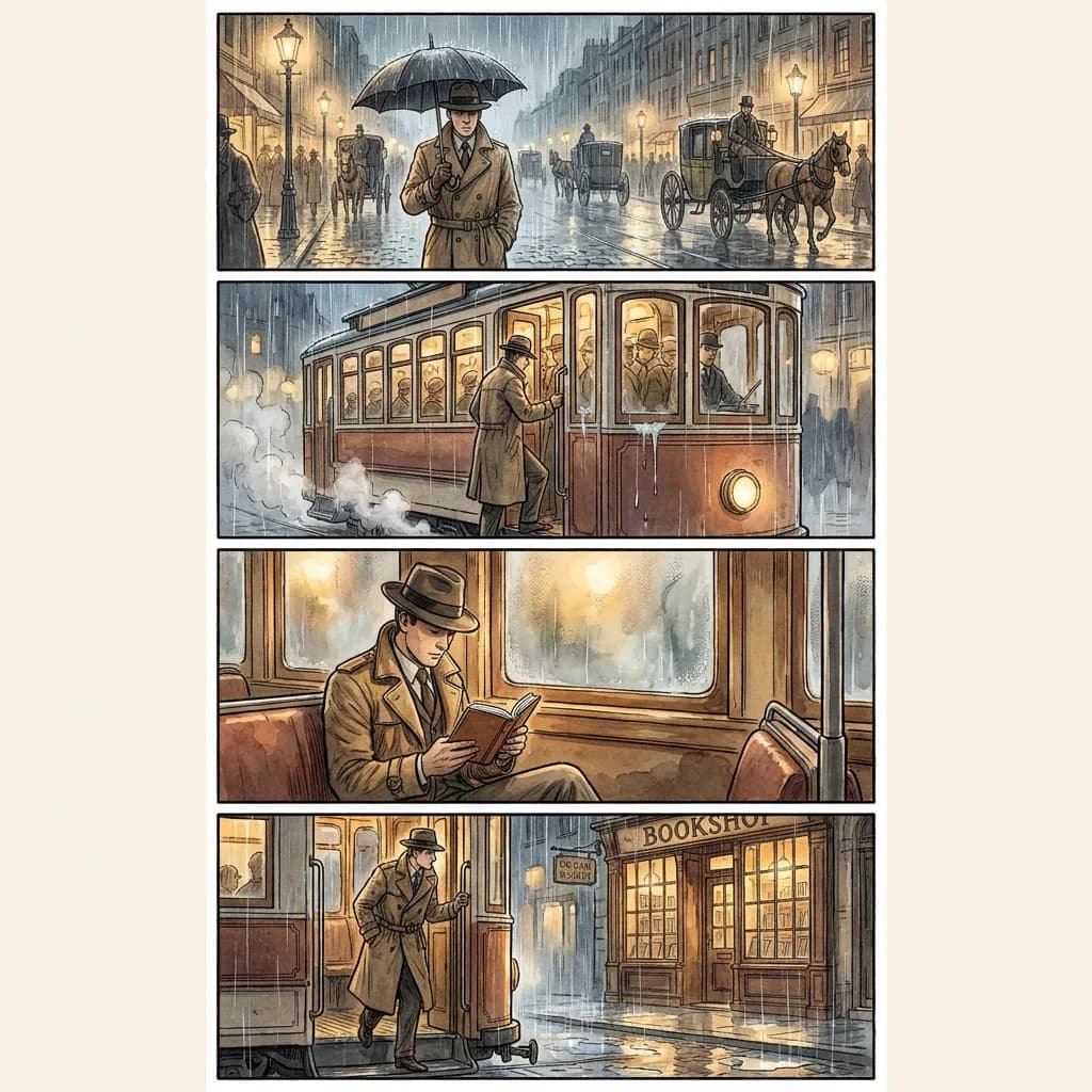 Four-panel rainy city comic generated through the Comics API