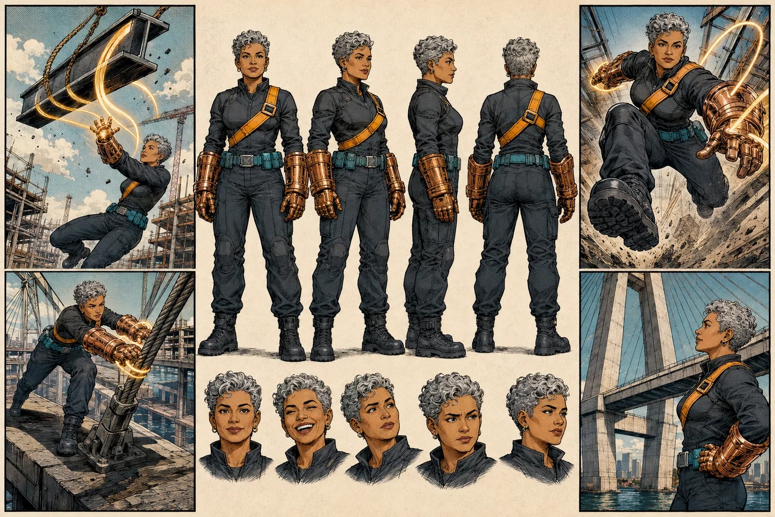 An original silver-haired engineer hero shown in turnaround views and four consistent bridge-rescue panels