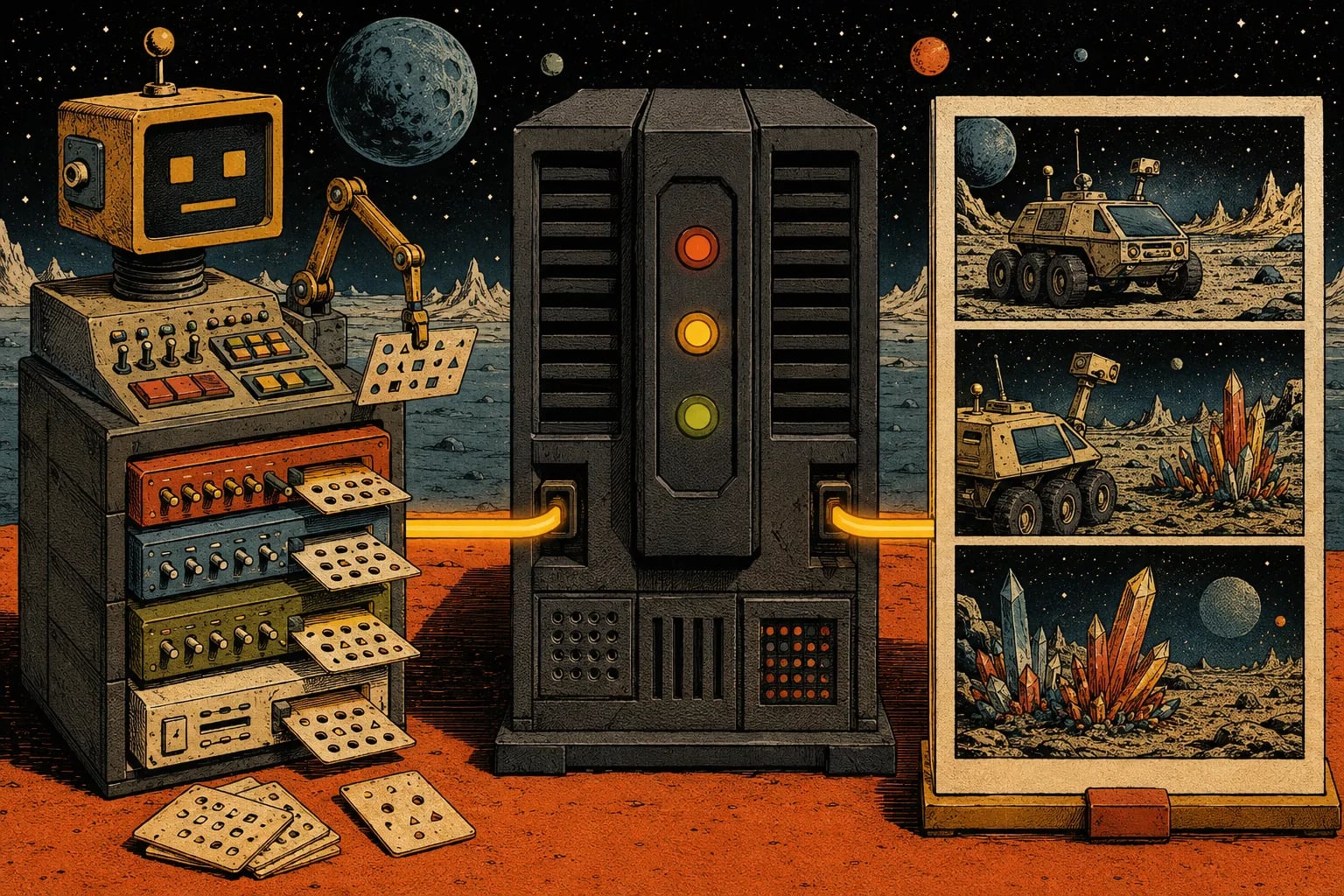 A retro-futurist agent console connected through a server to a three-panel moon-rover comic