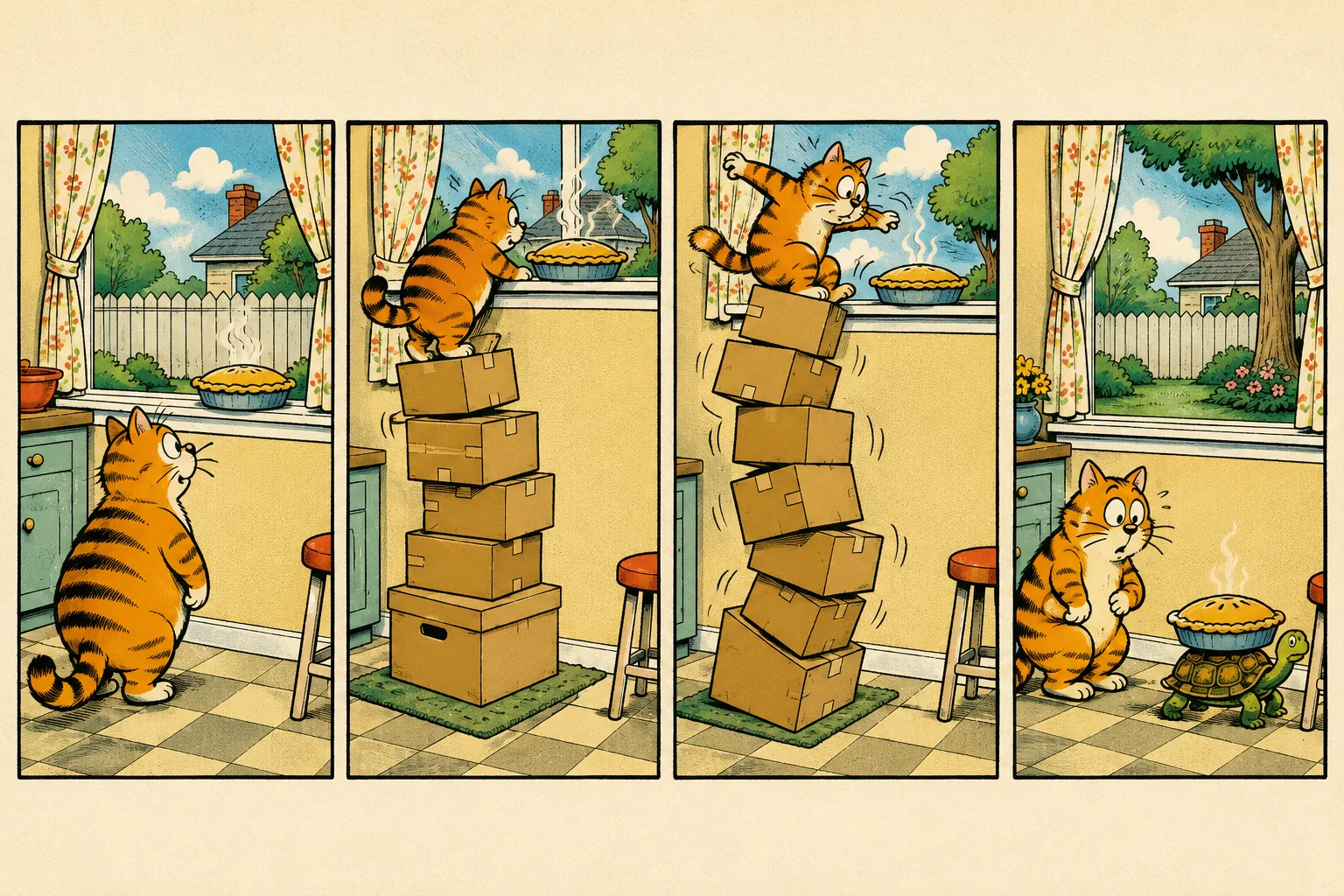 Four-panel American newspaper cartoon of an orange cat stacking boxes for a pie before a tortoise carries it away