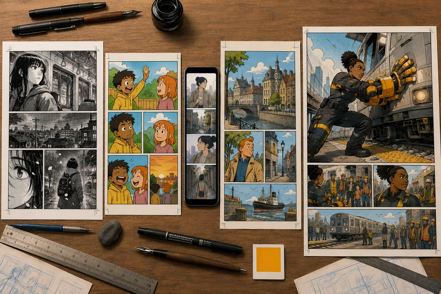Five distinct comic formats—manga, newspaper strip, webtoon, ligne-claire, and US superhero art—arranged on a studio table