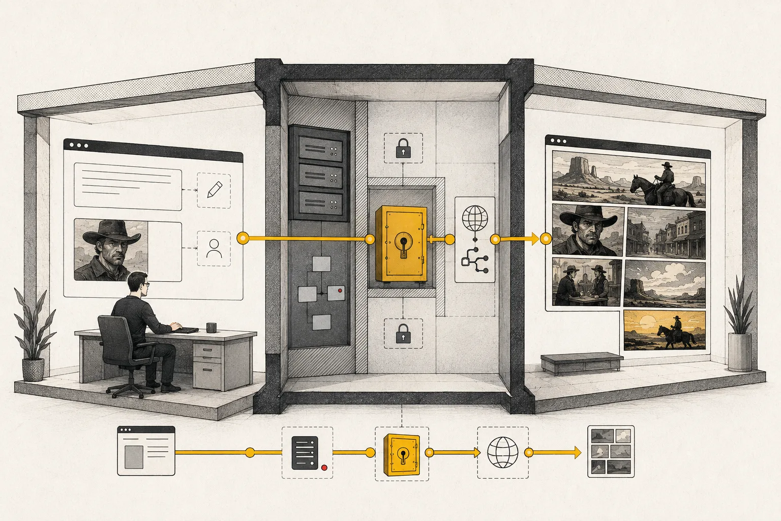 An architectural cutaway showing browser input, a protected server-side API key, and a generated multi-panel comic