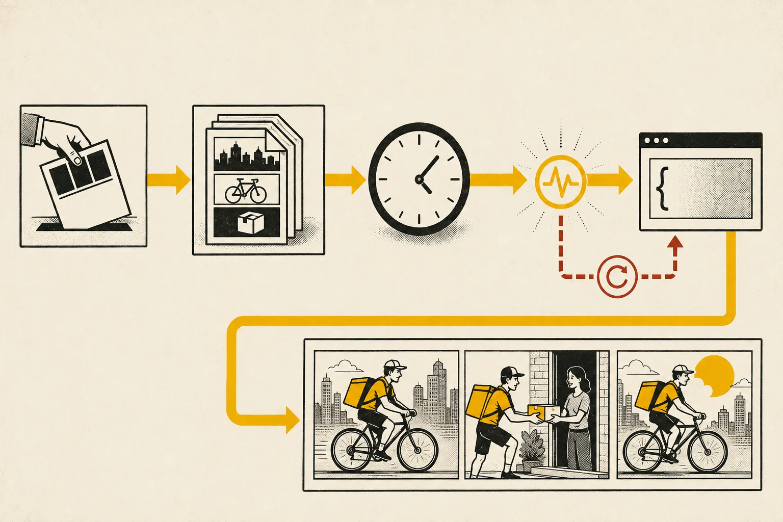 A webhook delivery diagram showing comic submission, queued processing, callback, retry, and a completed delivery comic