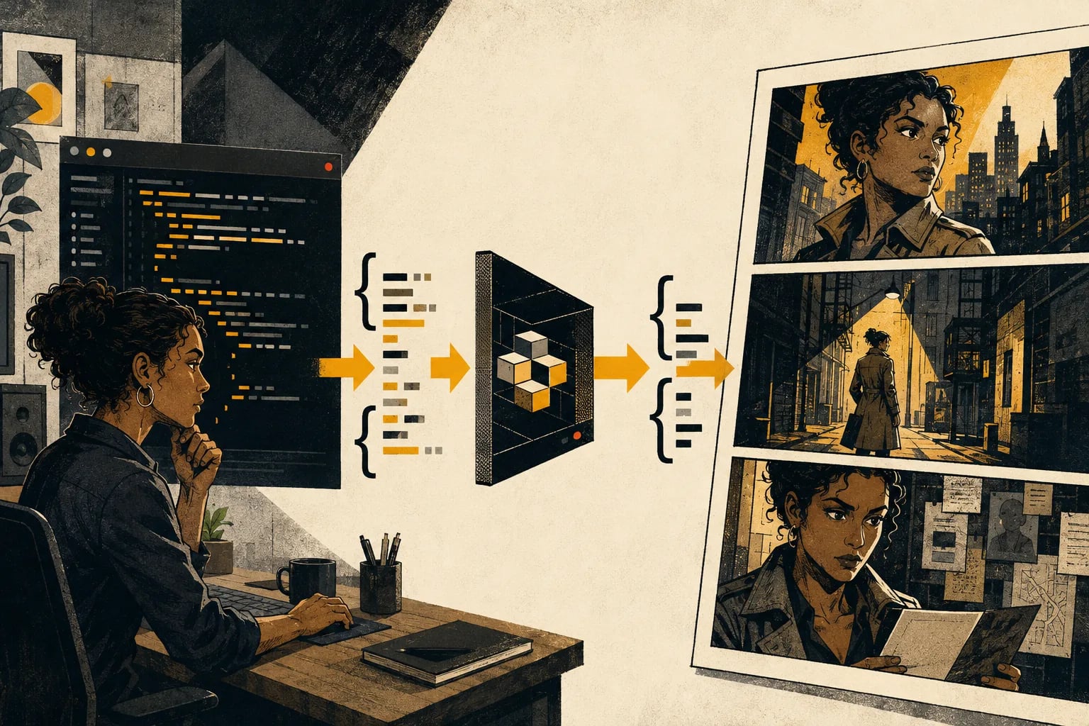 A developer transforms an angular JavaScript API workflow into a three-panel urban mystery comic