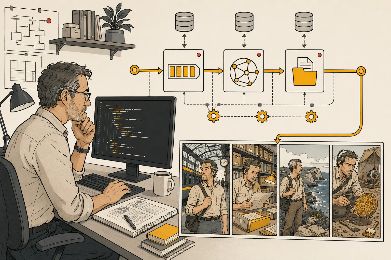 A backend developer routes Python-style code through processing modules into a consistent four-panel archaeology comic