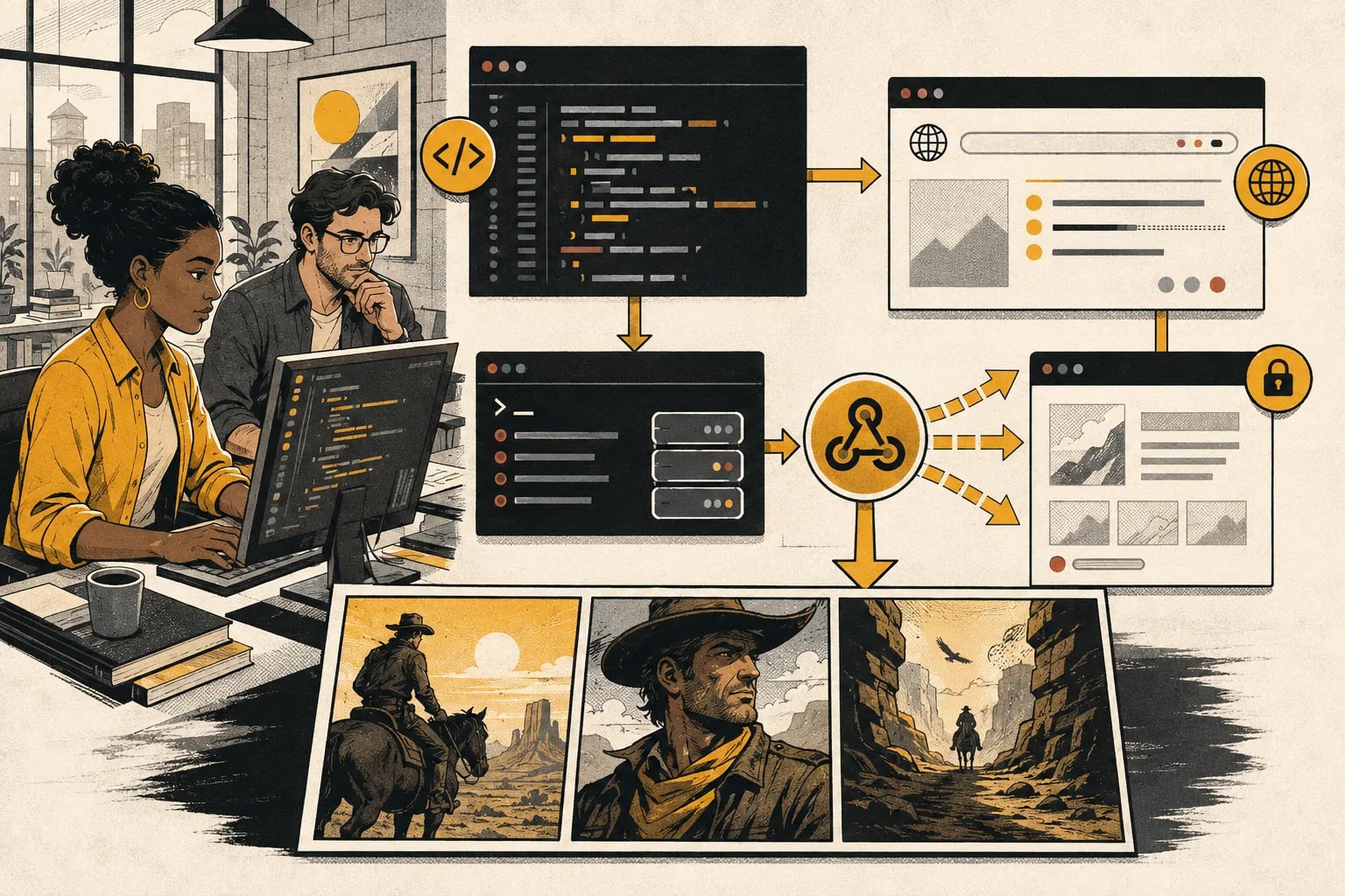 Two developers route code, terminal, webhook, and web app workflows into a finished three-panel Western comic