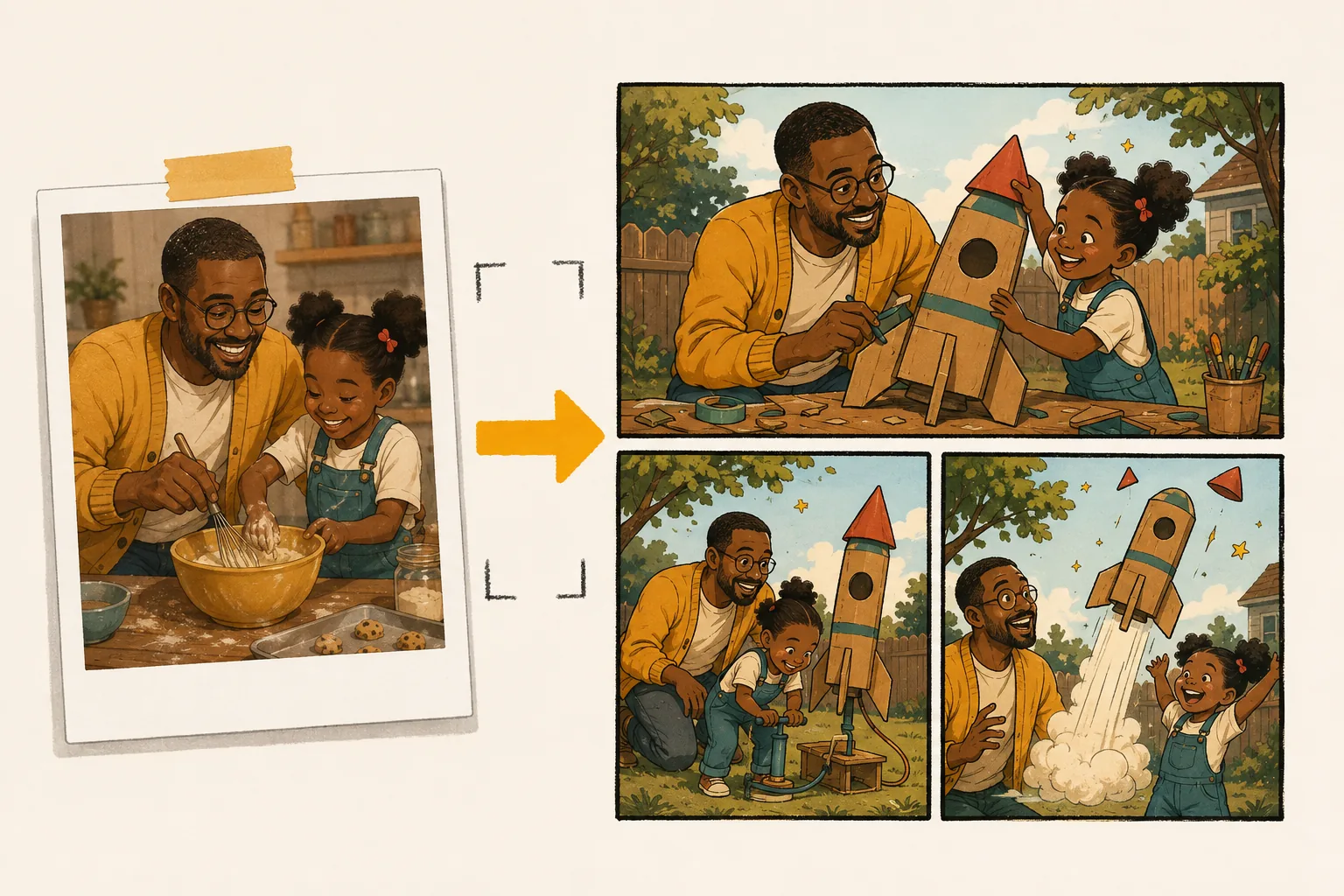 A photo of a father and daughter baking transformed into three illustrated panels about their cardboard rocket