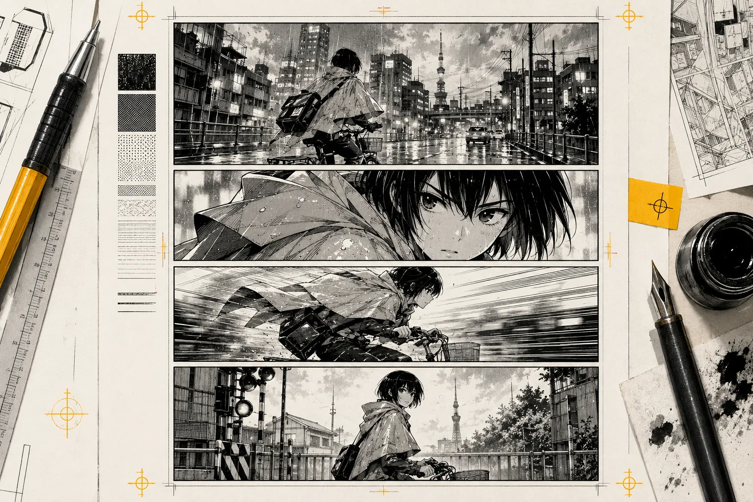 A black-and-white portrait manga page showing the same bicycle courier across four cinematic rainy-city panels