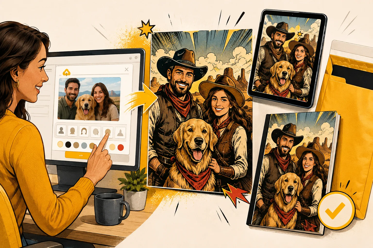 A customer portrait with a couple and dog becomes a personalized comic preview, printed gift, and packaged order