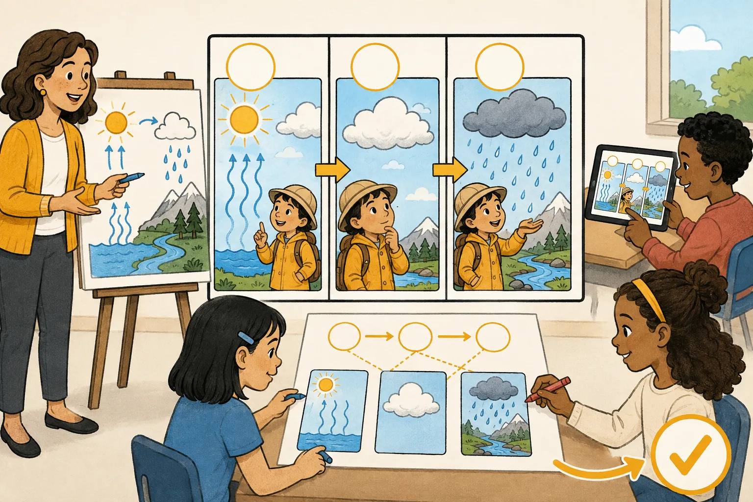 A teacher turns a water-cycle lesson into a three-panel educational comic used by students on a tablet and worksheet