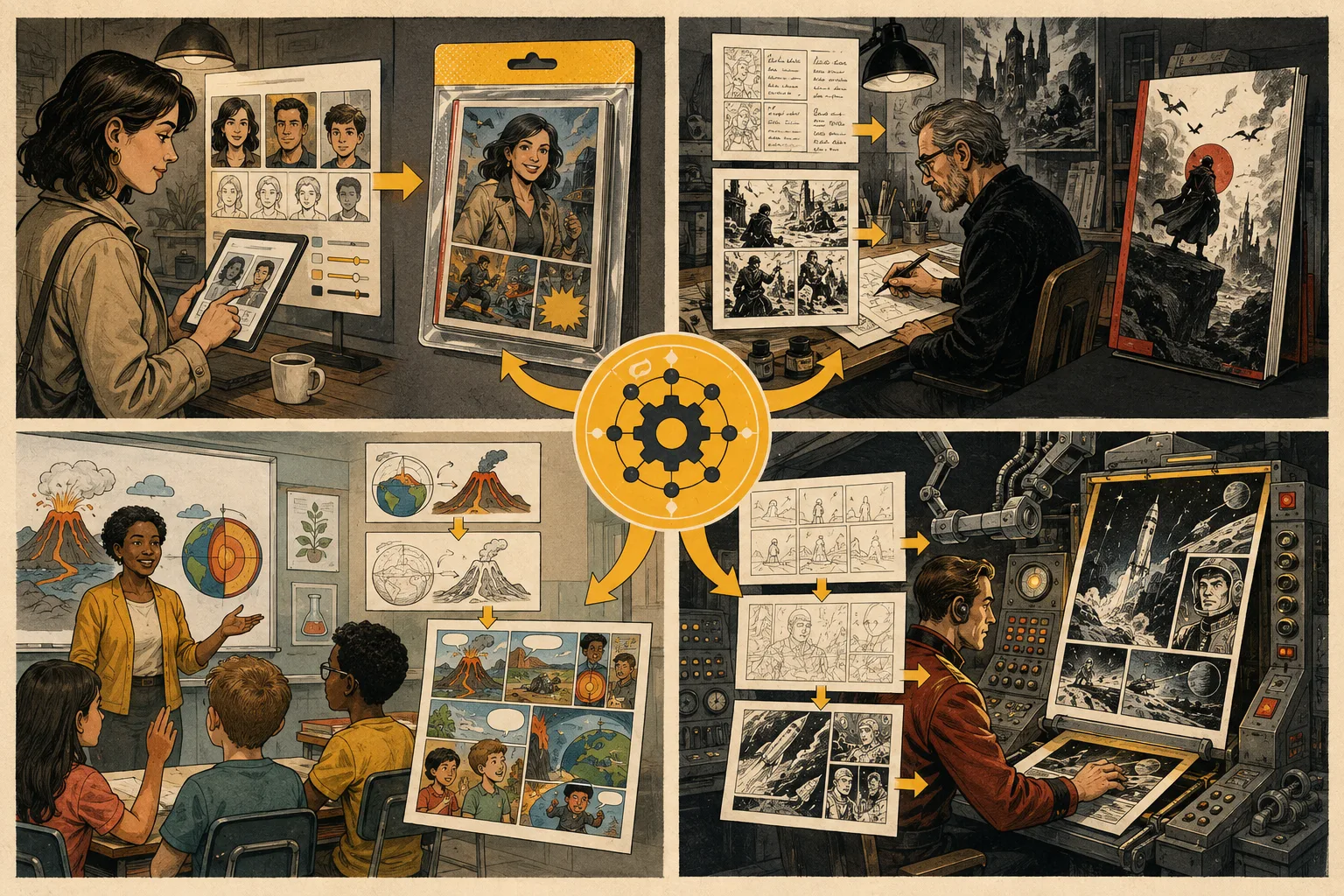Four Comic API solutions showing ecommerce personalization, graphic novel publishing, classroom learning, and retro-futurist agent automation