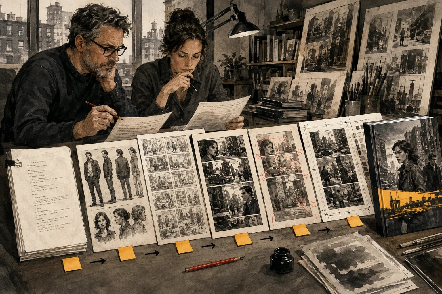 Two graphic novel editors review a script, character sheet, layouts, corrected proofs, and a finished bound issue