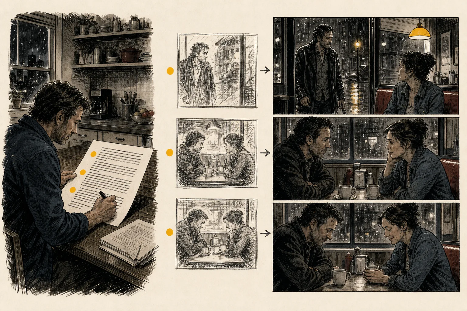 An adult writer's marked manuscript and thumbnail sketches becoming a three-panel rainy diner reunion comic