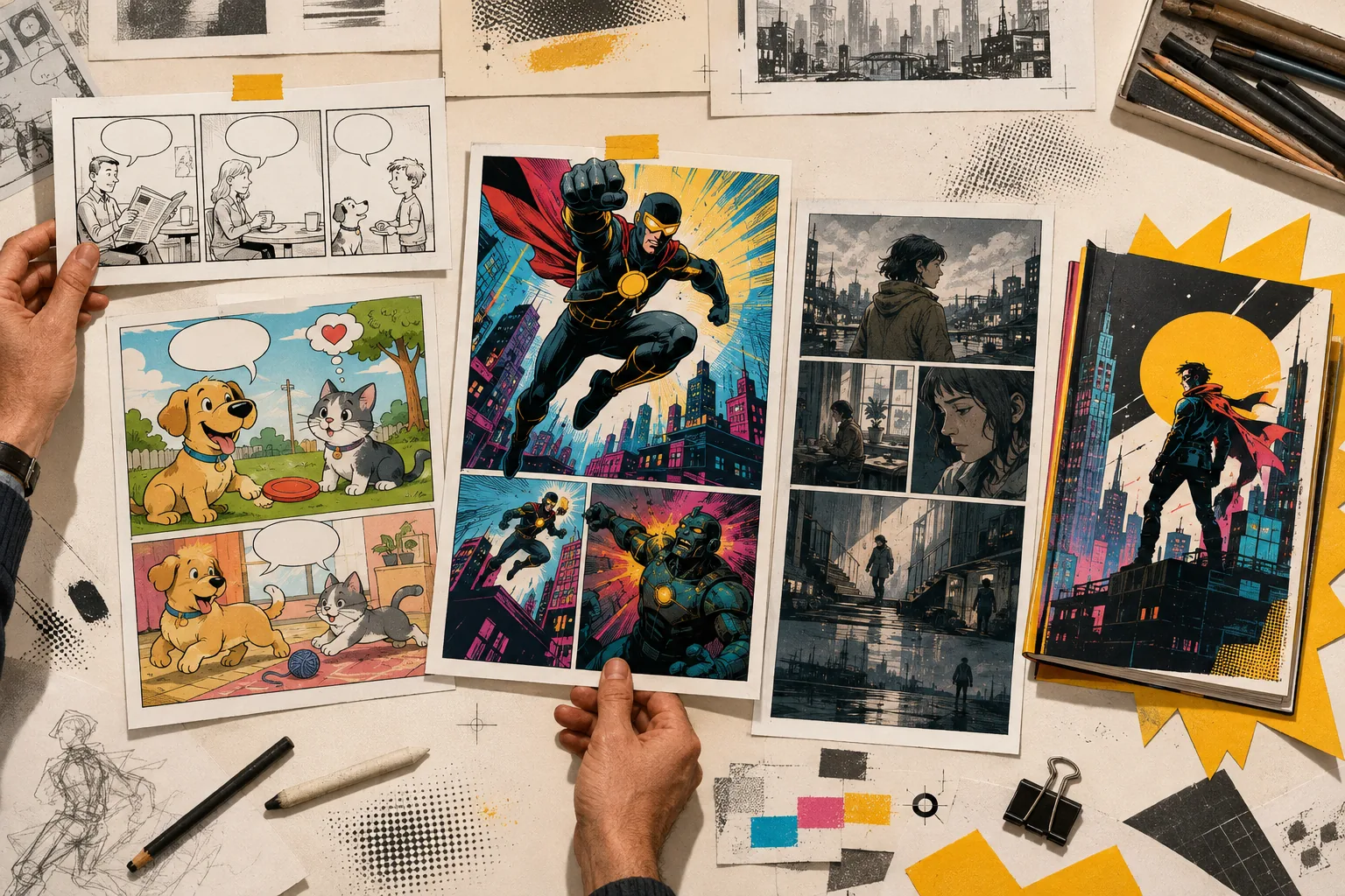 Newspaper cartoons, pet comics, an original superhero page, an indie graphic novel, and a printed issue displayed together