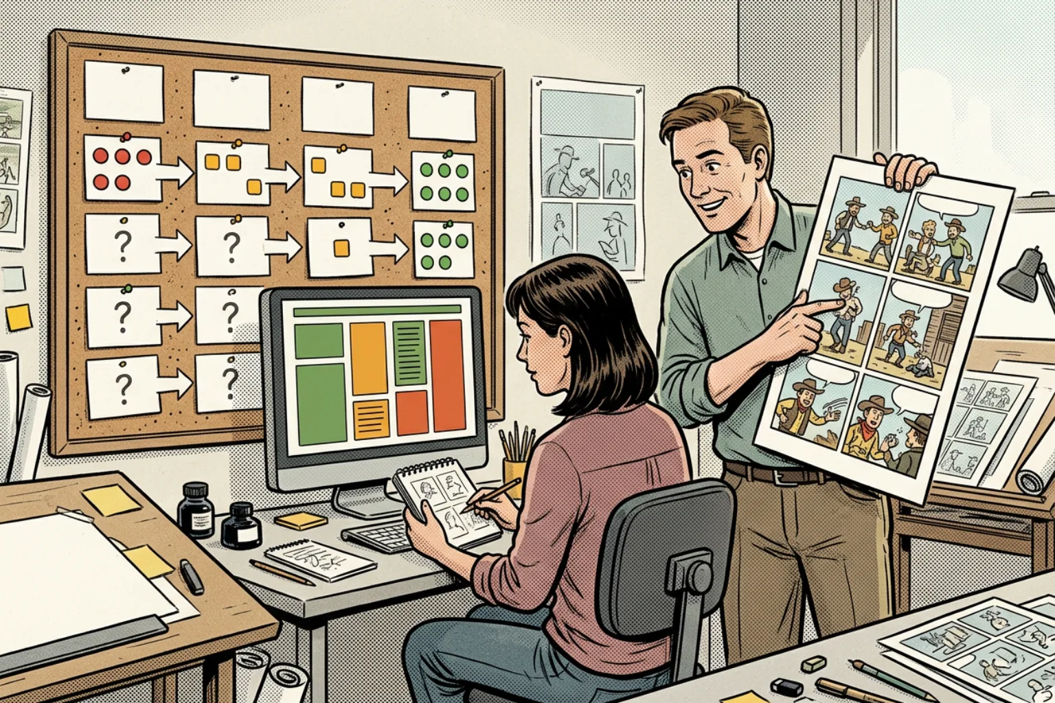 Two production teammates trace a failed generation path while reviewing a completed multi-panel comic proof