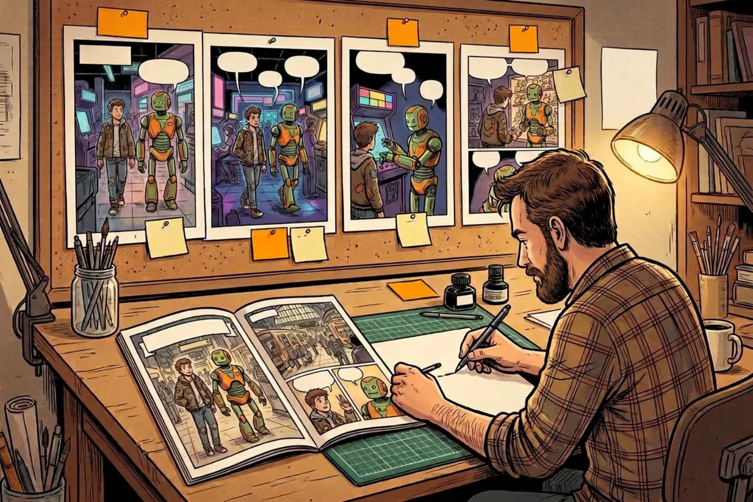 An independent creator compares an existing comic issue with newly continued pages pinned in a working studio