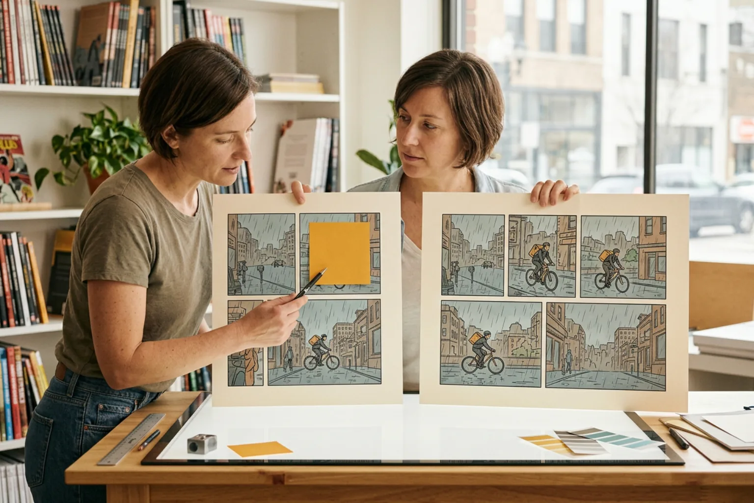 A comic editor holds marked and revised page proofs to compare one repaired rainy bicycle panel in context