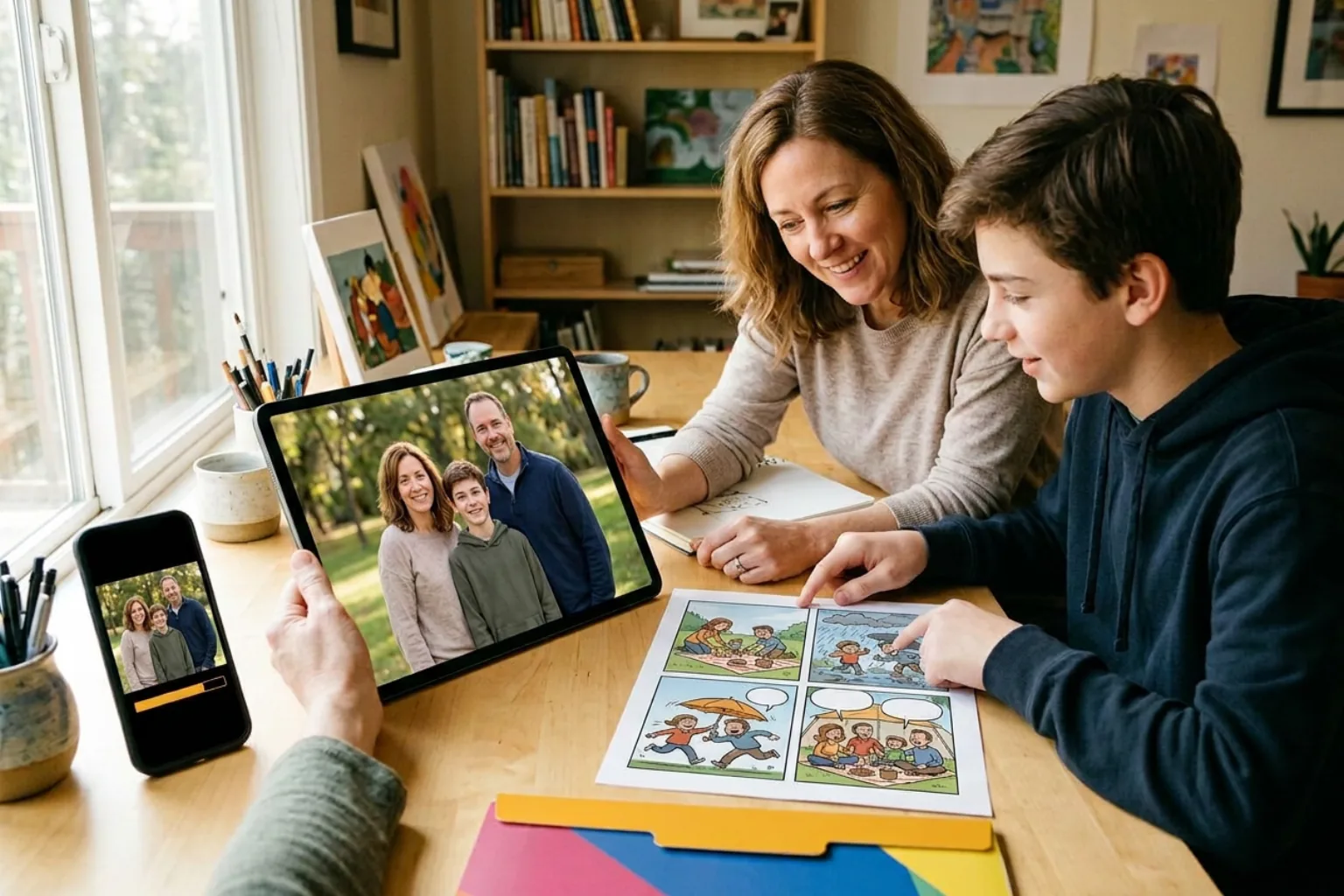 An adult and teenager compare a family portrait on a tablet and phone with a finished printed four-panel comic