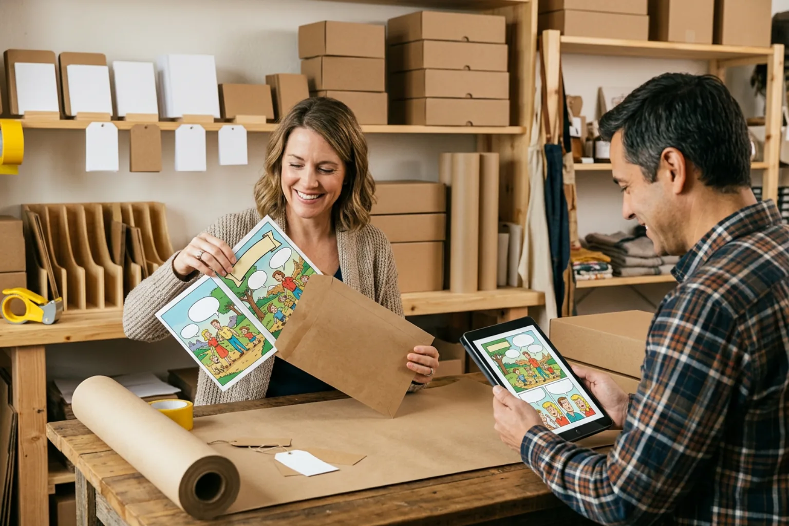 Two small-shop team members pack a finished personalized family comic while comparing the same proof on a tablet